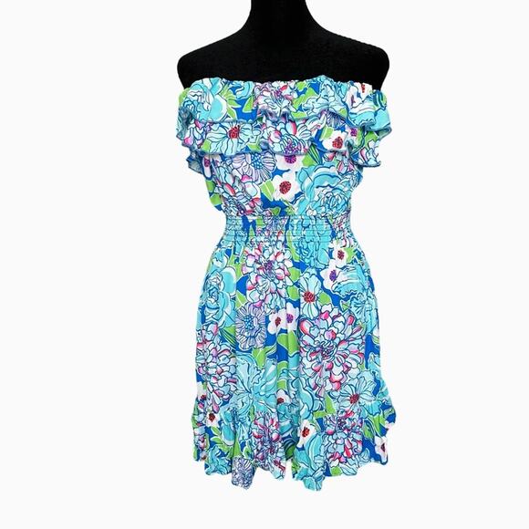 Lilly Pulitzer Dress Quincy Worth Blue May Flowers Strapless Beach Vacation S - Picture 5 of 14